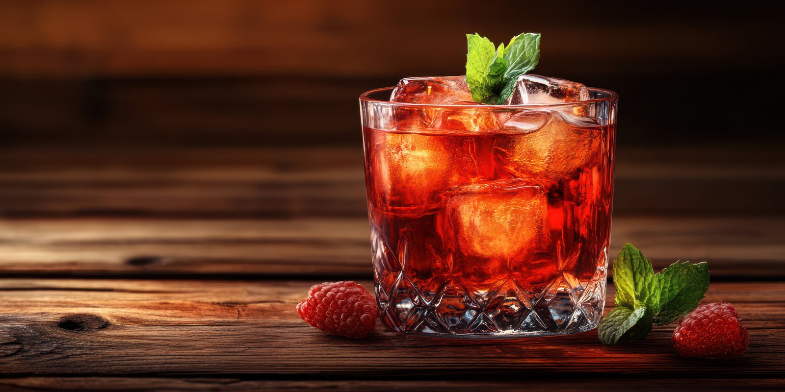 Refreshing cocktail with mint and raspberries served in a crystal glass on a rustic wooden table